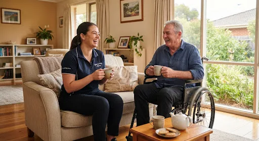 Friendly Australian support worker having tea with participant in wheelchair in sunlit Melbourne living room