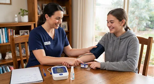 Registered nurse conducting blood pressure check on teenage participant at home
