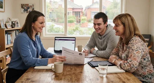 Support coordinator reviewing NDIS plan with participant and mother at dining table